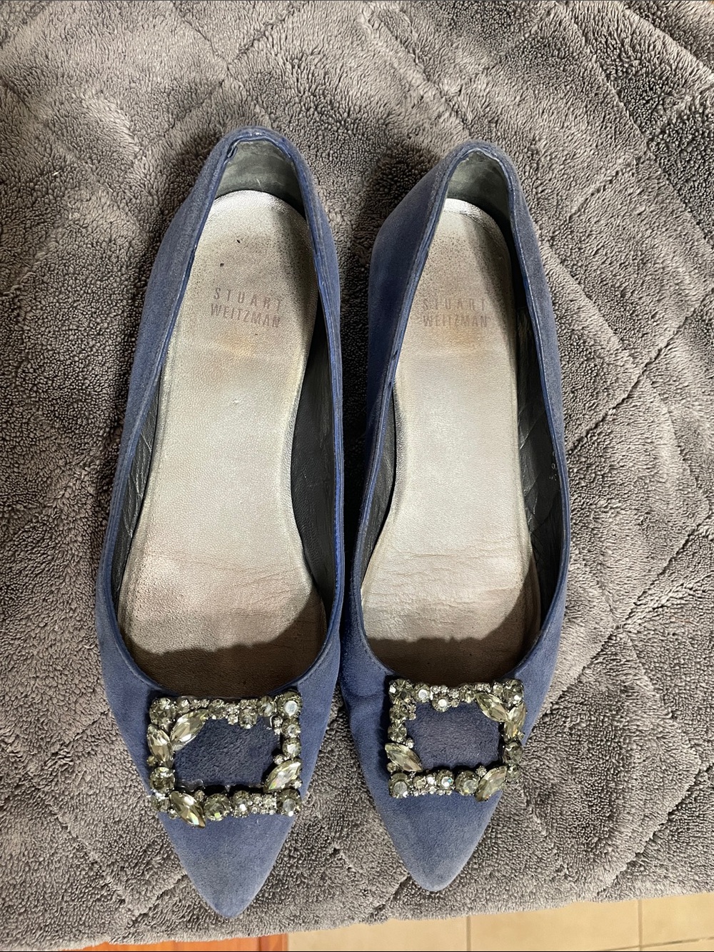 Stuart Weitzman Navy Suede Pointed Toe Flats with Crystal Buckle Accent